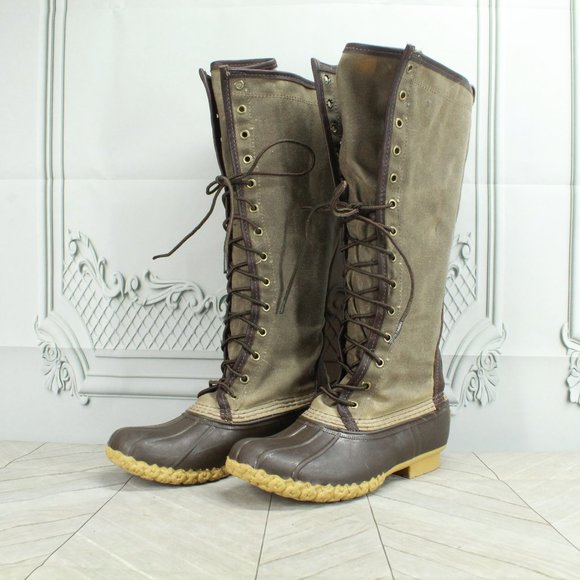 LL Bean Green Canvas Waxed Coated Waterproof Tall Duck Boots Size 6 Medium - Picture 2 of 9